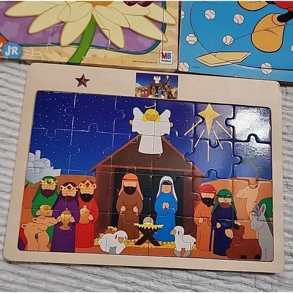 Lot Of 3 Wood Puzzles, VTG Dora The Explorer, 1990s Mickey Mouse, Nativity Scene